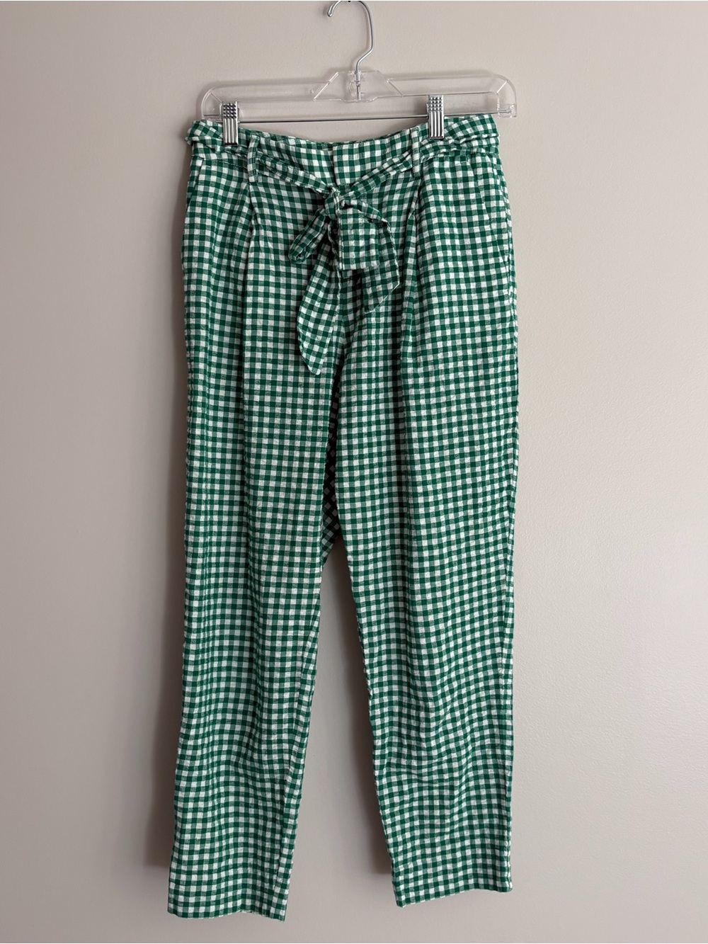 Banana Republic Green and White Gingham Straight-Leg Belted Pants Size 2